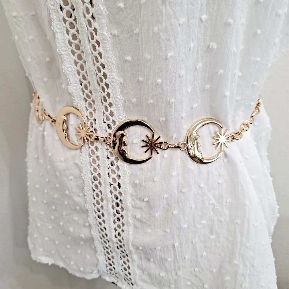 Womens Boho Gold metallic Moon Star whimsigoth celestial waist chain disco belt - Picture 7 of 9